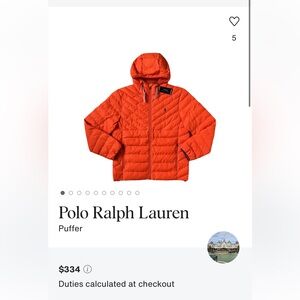 Polo Ralph Lauren Mens Orange Packable Puffer Hoodie Jacket Water Repellent XL